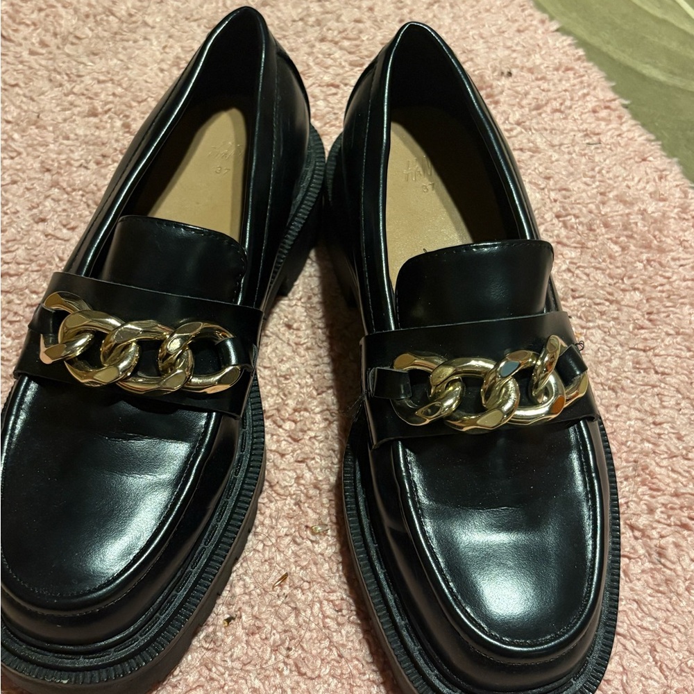 H&M Black Loafers with Gold Chain Accent